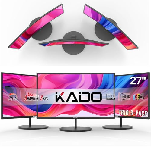 Kado Configuration triple écran – Lot de 3 écrans d'ordinateur incurvés de 27 1920 x 1080 1500R 75 Hz Montage VESA HDMI Gaming de bureau Hybride Sim Racing Haut-parleurs intégrés (C27 Trio Series)