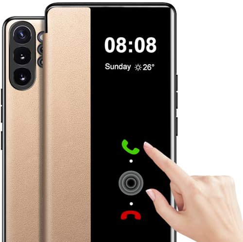 Flip Case for Samsung Galaxy Note 10 Plus Case S View, Clear View Folio PU Leather and TPU inner for Samsung Note 10 Plus Case, Anti-Scratch Flip Cover Phone Case for Samsung Galaxy Note10+ (Gold)