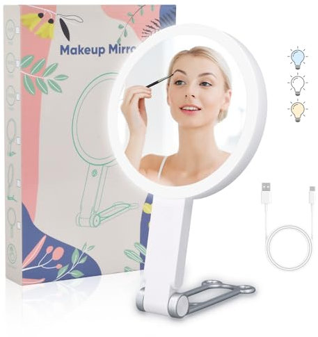 Espejo Maquillaje con Luz LED, Espejo Aumento 1X/10X, Portátil y Brillo Ajustable, Recargable Espejo de Maquillaje con Luz y Aumento para Baño Viaje Depilación y Cejas Regalo Ideal (10X Blanco)