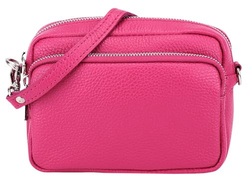 SH Leder Echtleder Umhängetasche Clutch kleine Tasche Abendtasche Alltagstasche mit Verstellbar Schultergurt 18x13cm Pia G394 (Pink)