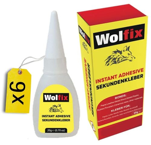 Wolfix Lot de 6 tubes de colle instantanée liquide extra forte 20 g – Colle pour tissu, colle de montage, colle textile et colle céramique – Colle universelle pour réparations professionnelles – Idéal