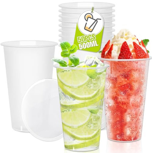 50 Tasse à Boire 50cl Gobelet Pliable Incassable 500ml Slushy Cup Granité Verre Anti Fuite Enfant Réutilisable en Polypropylène Prise en Main facile Gobelets pour Tout Évènement Fêtes Mariages