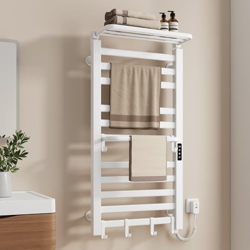 EMKE Sèche-Serviettes Électrique de Salle de Bain 1000 x 500 mm, Porte-Serviettes Chauffant électrique à température constante, Séchoir à Serviettes avec étagère 280W, Blanc