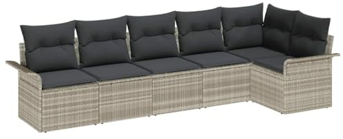 vidaXL 6-teiliges Garten-Sofa-Set mit Kissen in Hellgrau aus Poly-Rattan für draußen, modulare Sitzgelegenheiten, Loungemöbel, Sofas, Sectional