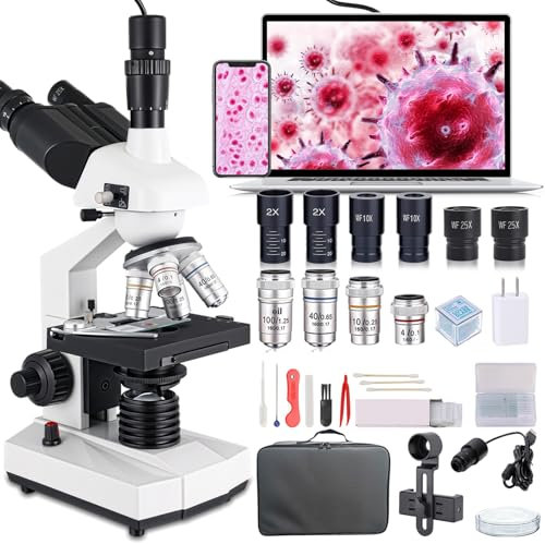 Trinoculare microscopio ottico, ingrandimento 40X-5000X, grado scientifico microscopio professionale con telecamera USB e palcoscenico meccanico, adulto microscopio
