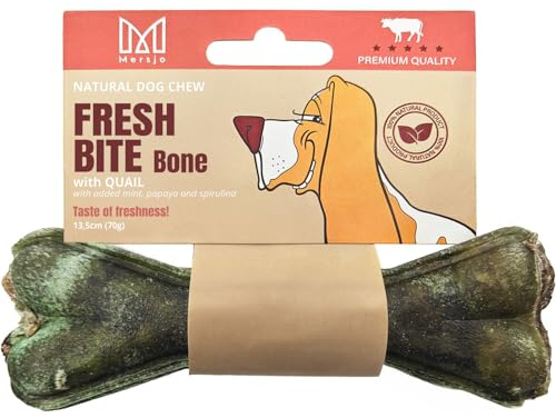 MERSJO Fresh BITE Bone, Funktionaler Kauknochen, Hundeleckerli mit Wachtel, Minze, Papaya & Spirulina – 13,5 cm, 70 g – Natürlicher Kausnack für frischen Atem & gesunde Verdauung, 100% Natur
