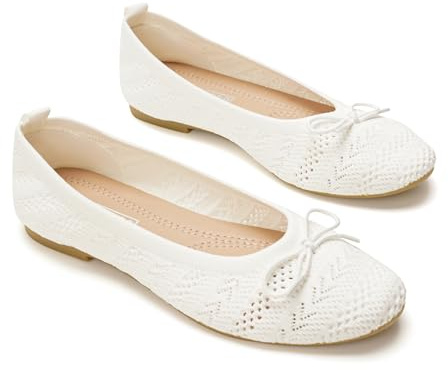 GLAMORA Ballerinas für Damen, Strick, atmungsaktiv, Schleife, vorne, flach, flexibel, leicht, bequem, Sommer, Frühling, perforiertes Gewebe, rutschfeste Sohle, elegant, weiß, 41 EU