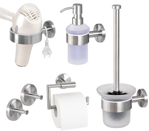 bremermann Bad-Serie Piazza - Badezimmer Zubehör-Set 5tlg. bestehend aus 1x Toilettenpapierhalter 1x WC-Garnitur 1x Seifenspender 1x Handtuchhaken und 1x Föhnhalter, Badaccessoires aus Edelstahl matt