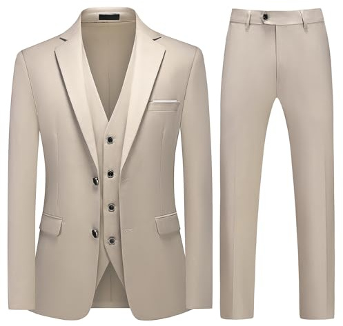 MODFUL Mens Suit 3 Piece Slim Fit Two Buttons Business Formal Tuxedo Blazer Waistcoat Trousers Wedding Set (Beige, XL)