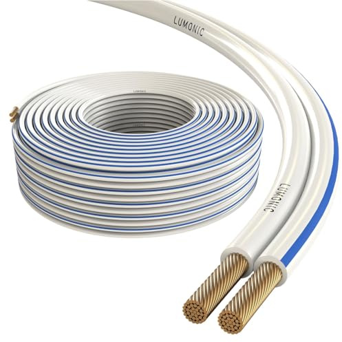 Lumonic Cavi per altoparlanti | 50m Bianco | 2x 2,5mm² CCA | Marcatura blu Cavo per diffusori HiFi | Linea audio doppia