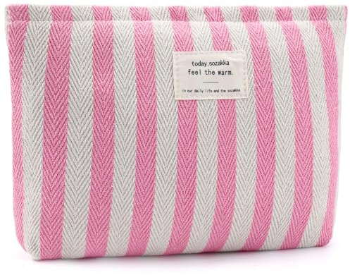 Flower Makeup Bag for Women Cute Makeup Pouch for Purse Zipper Cosmetic Bag Large Capacity Quilted Canvas Aesthetic Travel Toiletry Bags, AH Pink Striped, Playful, Youthful, Trendy