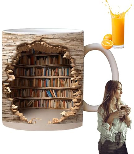 Book Mug | 2D Flat Pattern 350ml Bookshelves Hole in a Wall Mug | Ceramic Novelty Cup for Readers Men Women Book Lovers Latte Water Home Kitchen Bar Club Bookish Christmas Birthday