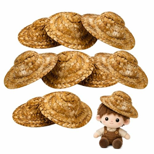 Gatuida 10pcs Mini Straw Hats Creative Handmade Doll Decor Craft Projects | One Piece Tiny Hats DIY Dollhouse Decorations, Brown Caps Puppet Accessories, Handcraft Party Favor for Helloween Christmas