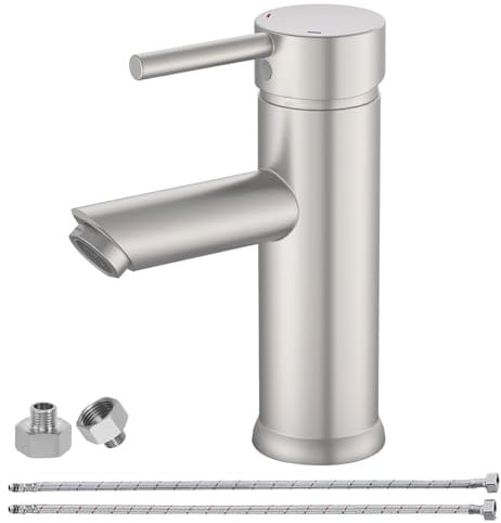 BATHLAVISH Wasserhahn Bad Gebürstet Nickel, Messing-Waschbecken Armaturen, Einhebelmischer Waschbecken für Bad, Gäste-WC, Mischbatterie Waschbecken mit Schläuche 90 mm Auslaufhöhe