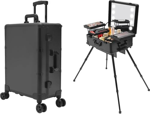 LKHDONG Kosmetikkoffer Trolley Profi Schminkkoffer Freistehende Make up Organizer mit Spiegel und Licht, Schminkstation Friseurkoffer Abschließbar Beauty Case Einstellbare Höhe (Schwarz)