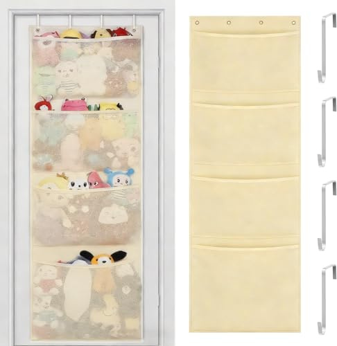 Over Door Toy Storage - Stuffed Animal Organiser with 4 Expandable Mesh Pockets, Breathable Hanging Kid Plush Net Hammock Baby Toy Holder with Hooks, for Wardrobe, Nursery, Bedroom, Bathroom (Beige)