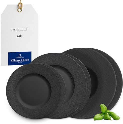 Villeroy & Boch – Manufacture Rock Geschirr-Set 18 teilig für 6 Personen Schwarz, Spülmaschinenfest, Mikrowellensicher, Teller Set, Geschirrset, Tafelservice, Geschirrset Modern, Premium Porzellan