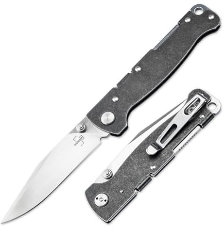 BÖKER PLUS® Atlas Clippoint TS - kleines Einhandmesser mit Backlock - Ganzstahl Taschenmesser mit extra scharfer 7,3 cm Clippoint Klinge - stabiles Klappmesser mit Edelstahl-Griff Black Stonewash