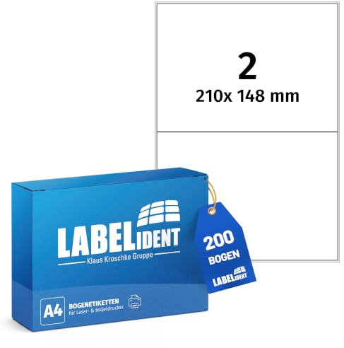 Labelident Laser-Etiketten 210 x 148 mm, 2 Etiketten pro A4-Bogen, 400 Etiketten (200 DIN A4 Bögen) selbstklebend, DIN A5 Adressaufkleber, Universal-Etiketten für Laser- & Inkjetdrucker