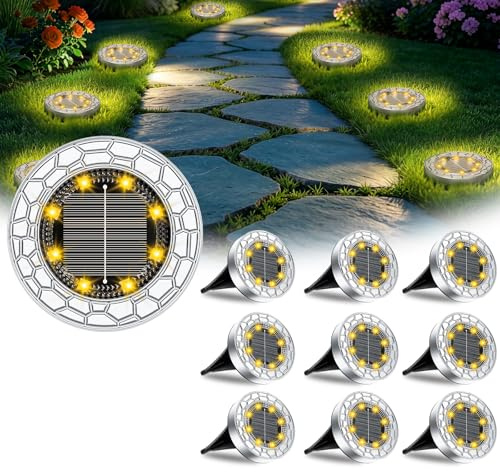 FIFlying 10 Stück Solar Bodenleuchten Aussen 8 LED Solarlampen für außen IP65 Wasserdicht Gartenbeleuchtung Warmweiß Solarleuchten für Garten Weg Einfahrt Rasen Gehweg Patio Terrasse