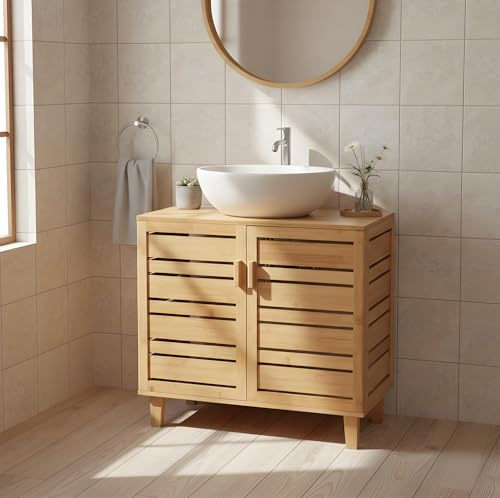 MinteLiv Waschbeckenunterschrank 66cm breit – Badezimmerschrank Bambus, Waschtischunterschrank Natur mit Ablage, Badunterschrank für viele Standardbecken, 66x30x60cm