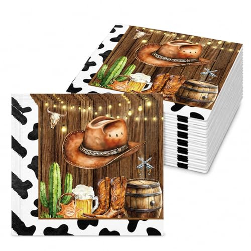 Ovanda 20 Stück Western Servietten Cowboy Party,Papierservietten Cowboyhut | 33 x 33 cm Kaktus, Stiefel & Kuhmuster, Wild West Party Deko Tischdeko für Geburtstag, Rodeo & Saloon Mottoparty