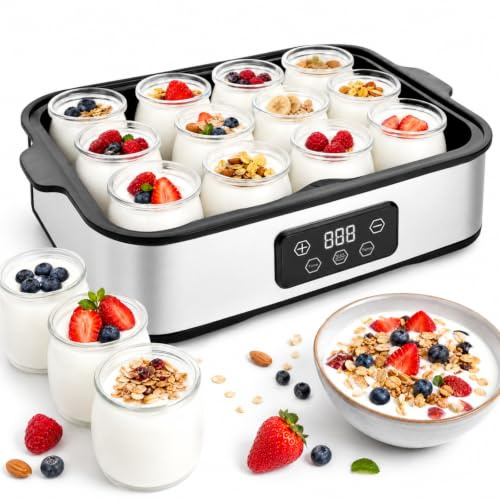Joghurtbereiter 25W inkl. 12 Gläsern à 180 ml, Joghurtmaschine mit Temperatur und LCD Display Timer, Joghurt Selber Machen für bis 2.16L Selbstgemachten Joghurt, BPA-freier
