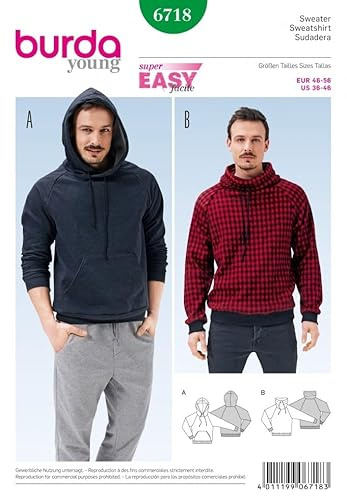 Burda Herren Schnittmuster 6718 Hoodie & Pullover Top + Gratis Minerva Crafts Craft Guide