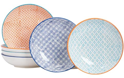 Nicola Spring Patterned Pasta Bowls - 3 Colours - Pack of 6 - Porcelain Flower Print Design Rice Serving Bowls for Cereal, Fruit, Dessert, Salad, Noodles, Snacks