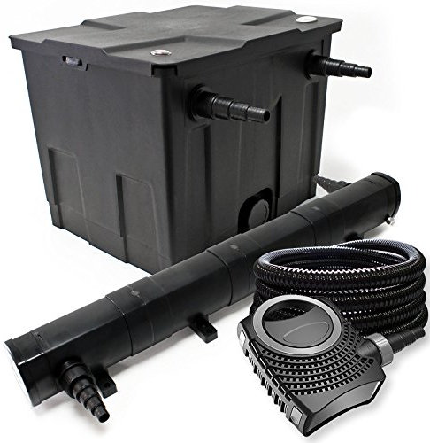 Wiltec Komplettset: CBF-350 Teichfilter bis 12000 L Teichfilteranlage als Durchlauffilter, NEO10000 SuperECO Teichpumpe 10000l/h 80W, CUV-272 Teichklärer UVC Klärer mit 72W, 25m Teichschlauch 25 mm