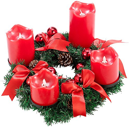 Britesta Adventskranz elektrisch: Adventskranz, rot, 4 rote LED-Kerzen mit bewegter Flamme (Elektrische Adventskranzkerzen, Elektrische Kerzen Adventskranz, Kabellose Weihnachtskerzen)