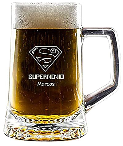 Regalo personalizado para novios: jarra de cerveza ‘supernovio’ grabada con su nombre en estuche de madera también grabado