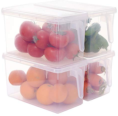 Sooyee Kühlschrank-Aufbewahrungsbehälter, 4 Stück x 4 l, stapelbar, Kühlschrank-Organizer mit Griff, um Lebensmittel frisch zu halten, Obst, Gemüse, Fleisch und Fisch, transparent