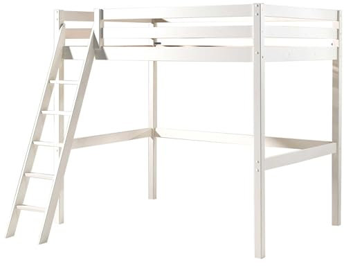 Vipack Hochbett mit Liegefläche 140 x 200 cm inkl. Sesselbett und Regal mit Zwei Fächern Kiefer massiv weiß lackiert
