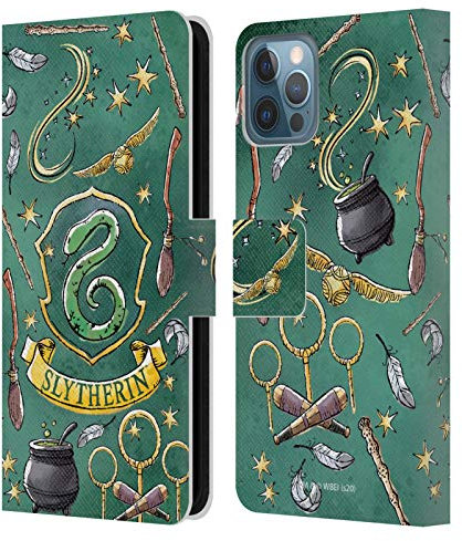Head Case Designs Officially Licensed Harry Potter Slytherin Pattern Deathly Hallows XIII Leather Book Wallet Case Cover Compatible With Apple iPhone 12 / iPhone 12 Pro