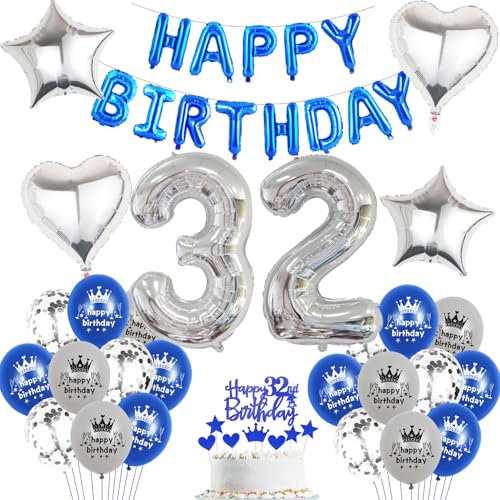 Luftballon 32. Geburtstag mann blau deko Folienballon 32 jahre Geburtstags deko mann männer blau set happy Birthday 32th Geburtstagsdeko 32 Ballon 32 jahre Geburtstag Dekoration set(32)