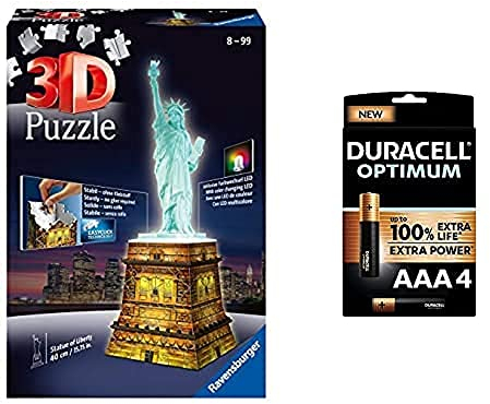 Ravensburger 3D Puzzle Freiheitsstatue bei Nacht, für Kinder und Erwachsene + Duracell NEU Optimum AAA Micro Alkaline Batterien, 1.5V LR03 MX2400, 4er-Pack