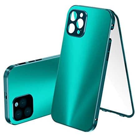 Jonwelsy Hülle für iPhone 12 Pro Max, Magnetische Adsorption Metall Stoßstange Flip Cover mit Objektivschutz 360 Grad Schutz Vorne Glas und Zurück Aurora Handyhülle für iPhone 12 Pro Max 6,7 (Grün)