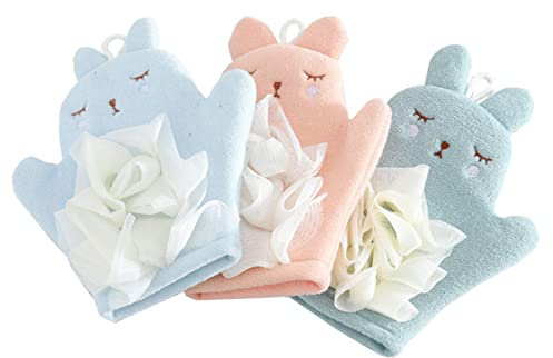 Eyands Lot de 3 gants de toilette en forme de lapin avec petite éponge – Motifs d'animaux mignons pour enfants, gants de bain pour nettoyer la peau (bleu, rose, vert)