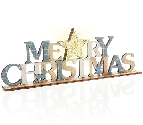 com-four® LED Deko Aufsteller aus Holz - beleuchteter Schriftzug auf Holzsockel - Deko-Schriftzug zum Hinstellen für Weihnachten - Stimmungslicht mit Timer (blau + Stern)