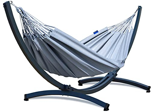 Potenza Outdoor Hängematte mit Aluminium Gestell für 2 Personen I Baumwolle Merida - Doppelhängematte 220x160, 220kg I Hängemattengestell 200kg, wetterfest (Grau, Basic Gestell Graphit)