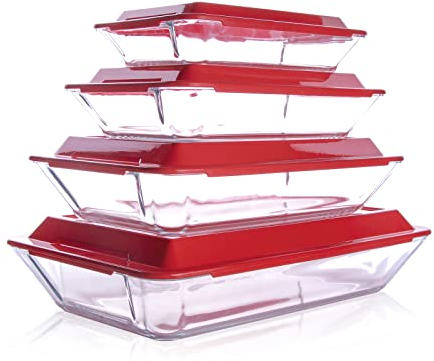 HUSANMP Set 8 teiliges Temperiert Glas Auflaufform mit Deckel, Rechteckig Glas Backformen Set Ofenform aus Glas für Ofen, Gefrierschrank und Spülmaschinenfest (1L+1.5L+2.5L+3.8L)