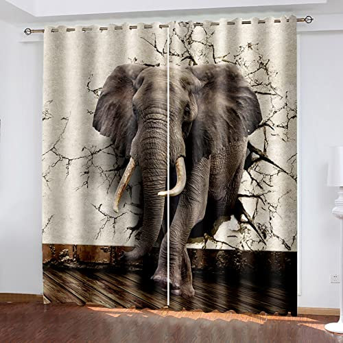 ZQMHCY Gardinen Elefant Scheibengardinen Weich Verdunklungsvorhänge Vorhang Blickdicht Scheibengardine Schlafzimmer Vorhänge Wohnzimmer Gardinen mit Ösen Schallschutz Curtain 2x140x180cm