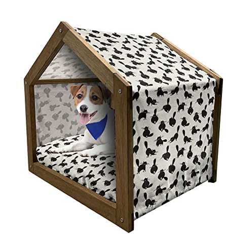 ABAKUHAUS Katze Hundehütte aus Holz, Lustige Haustierschattenbilder, tragbare Hundehütte für drinnen und draußen mit Kissen und Abdeckung, 45 cm x 60 cm, beige Schwarz