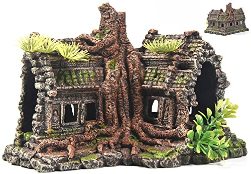 PTFJZ Aquarium-Dekorationen, großes Aquarium-Ornament, Reptilienhaus, Unterschlupf, Dekoration, Aquarium, Versteckte mit Betta-Höhle, Tempelruinen, Baumhaus, Aquarium, Landschaftsdekoration