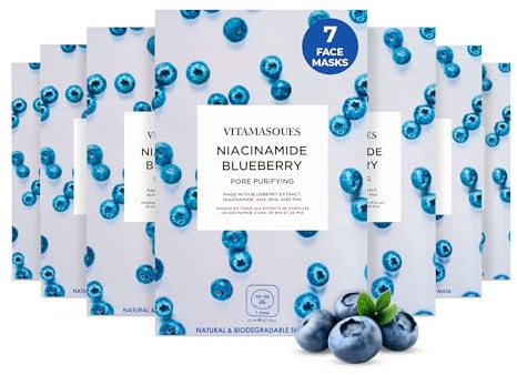 Vitamasques Niacinamide Blueberry Hydrating Face Mask Set – 7 Pack Plant-Based Vegan Korean Face Masks Skincare Sheet, Helps Reduce Blemishes & Brighten Uneven Skin Tone