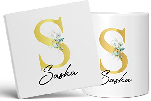 Personalised Letter S Floral Mug Initial with Name, Customised Gift, Gold Effect Printed Letter, NOT Metallic - Ceramic Coffee Cup for Men or Women, Extra Large and Giant Mug, 11oz White Cup & Coaster