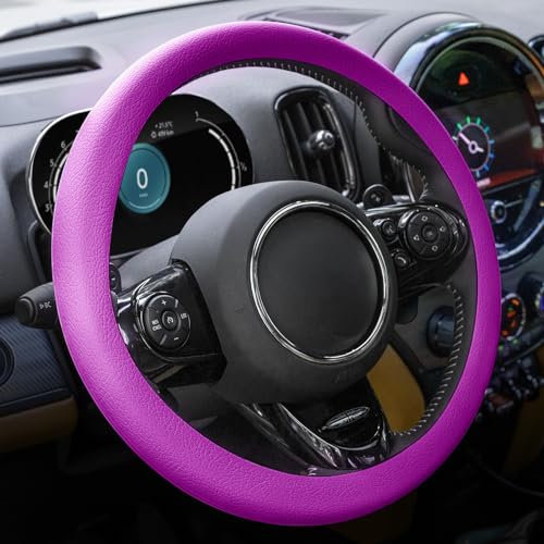 Spurtar Auto Lenkradbezug für Herren Frau, Auto Zubehör Deko Lenkradhüllen aus Silikon Schließen Leder Lenkradbezug Bezug Dünn, Innenraum Lenkradschutz Car Accessoires,Lila,32-44cm