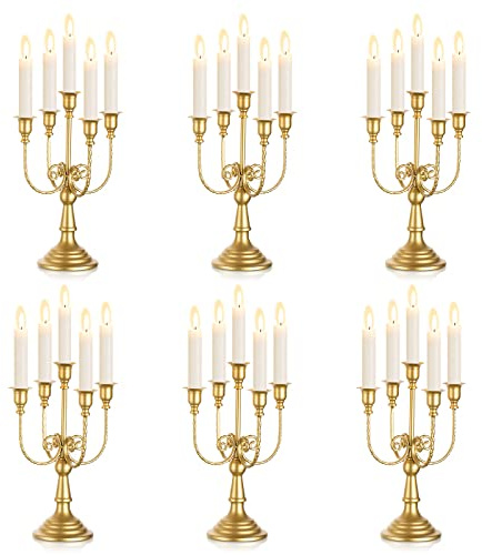 Sziqiqi Kerzenhalter aus Metall, goldfarben, Set mit 6-5-armigen Metall-Kerzenhaltern für Stabkerzen für Tafelaufsätze, Tisch, Hochzeit, Weihnachten, Kamin, Dekoration, Geburtstag