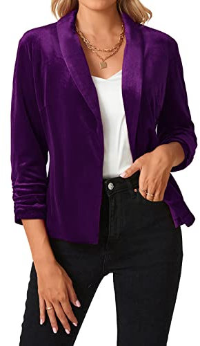 MINTLIMIT Femme Casual Blazer Velours Manche 3/4 Bureau Affaires Jackets Élégant Cardigan Blouson Jacket Veste De Costume,Vt Violet,XXL